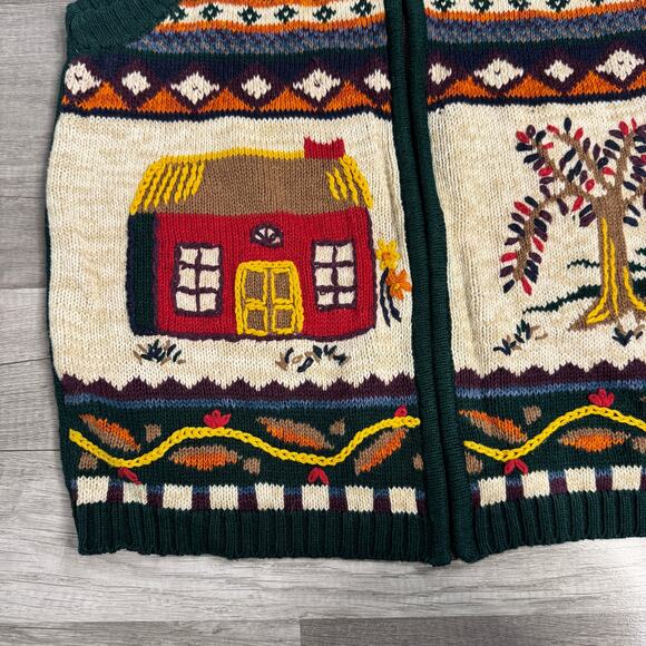Vintage 90s Cottagecore SweaterVest Red House Scene Forest Green Medium Novelty - Picture 2 of 5